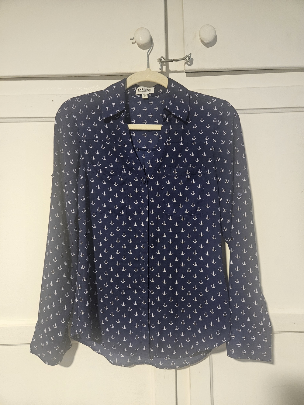 Express Navy Button-Down Shirt with White Anchor Print